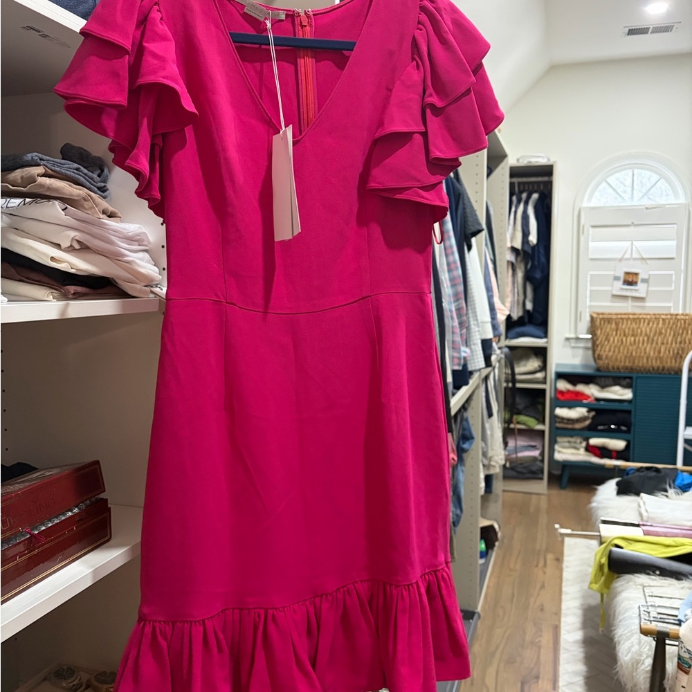 Stella McCartney Hot Pink Ruffle-Sleeve Mini Dress